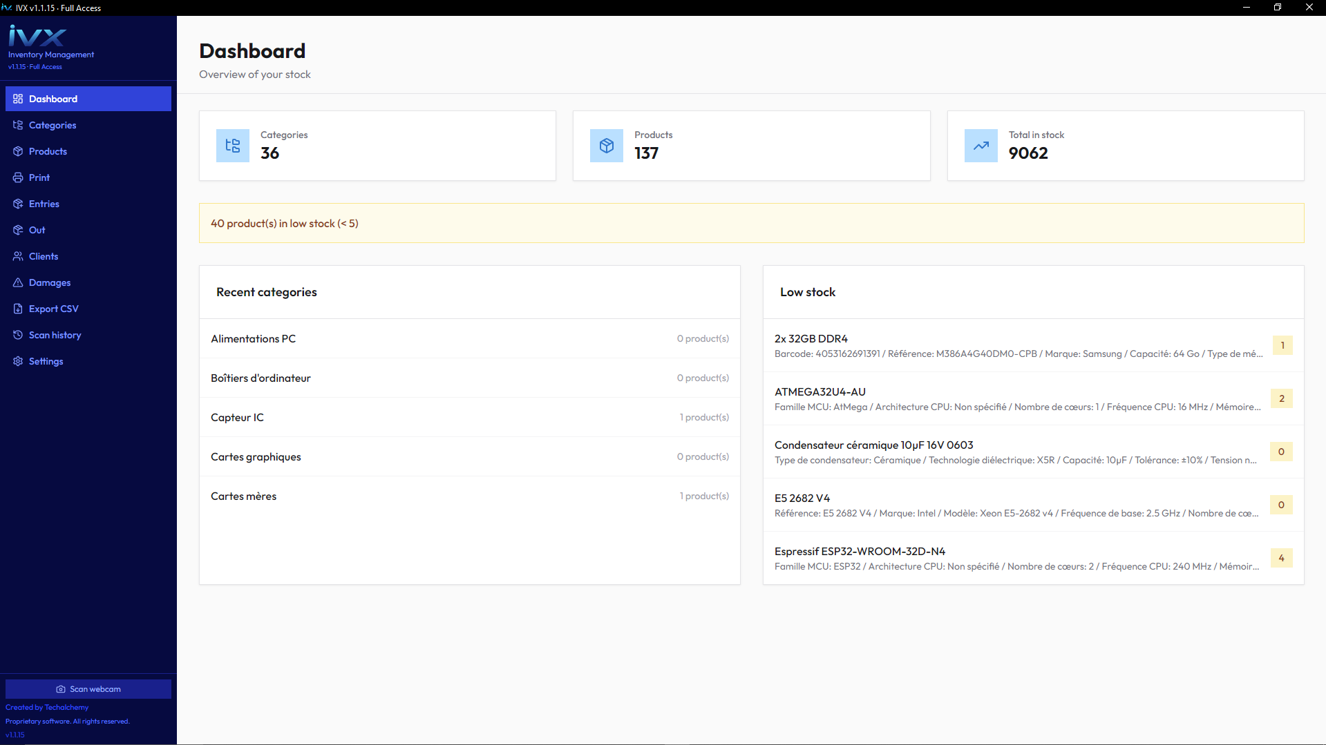 IVX Dashboard - Vue d'ensemble du stock